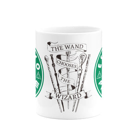 Harry Potter white Mug starbucks style with Ron, Harry, Hermione , dumbledore and voldemort wands 