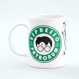 Harry Potter White Mug starbucks style with a green circle Espresso Patronum 